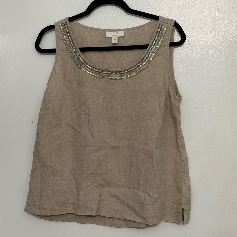 Charter Club Quiet Luxury Linen Beaded Rhinestone Petite Size M Lightweight Top